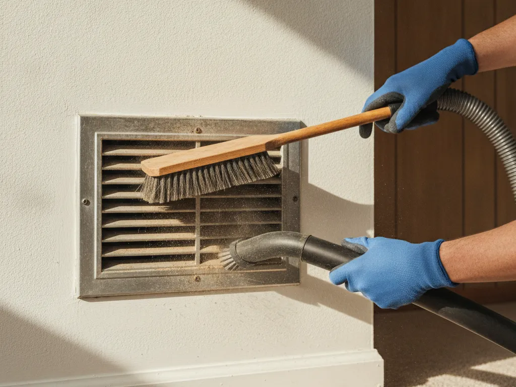 A supply vent being cleaned with a brush and vacuum hose