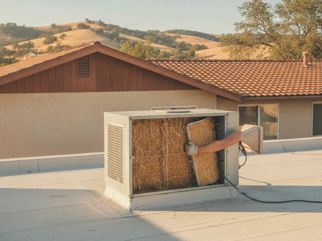 An evaporative cooler with its side panel open showing the pads