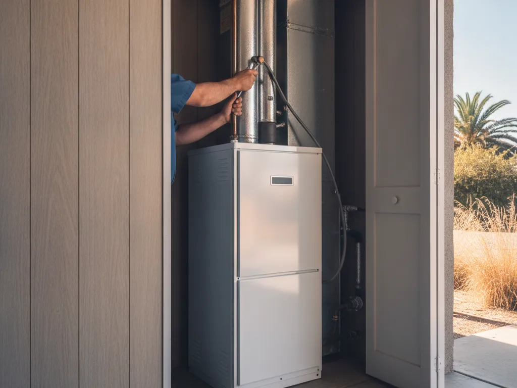 A new furnace in a garage or closet