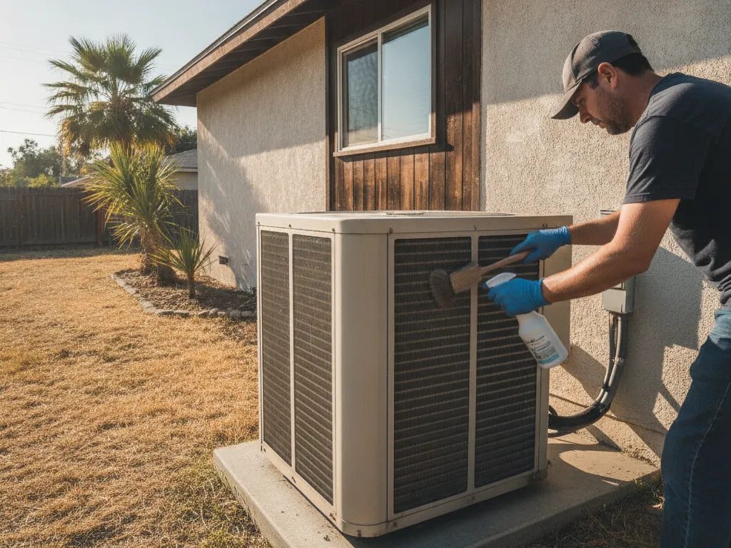 A technician cleaning an outdoor unit coil