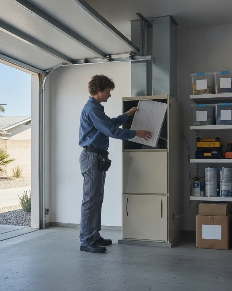 A technician changing the filter on an upright furnace in a house garage
